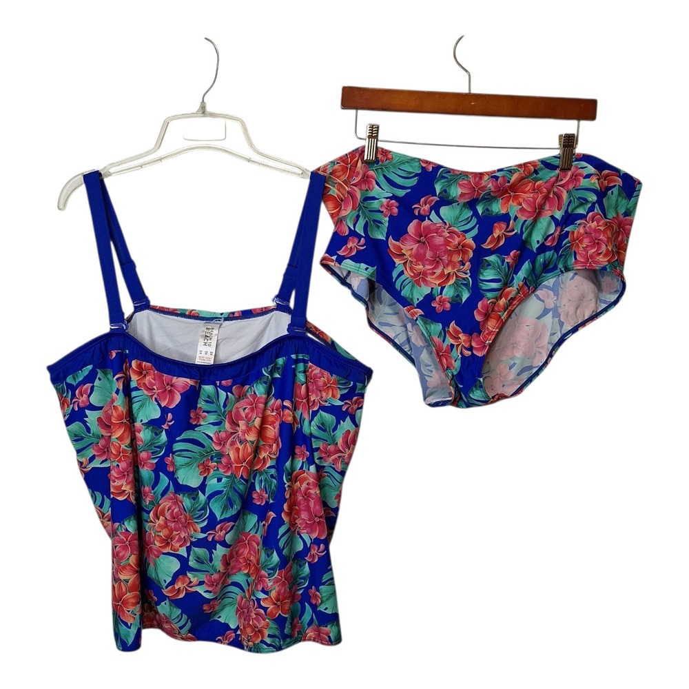 Beach to Beach Womens 24 Two Piece Swimsuit Blue Floral Un Padded‎ Convertible